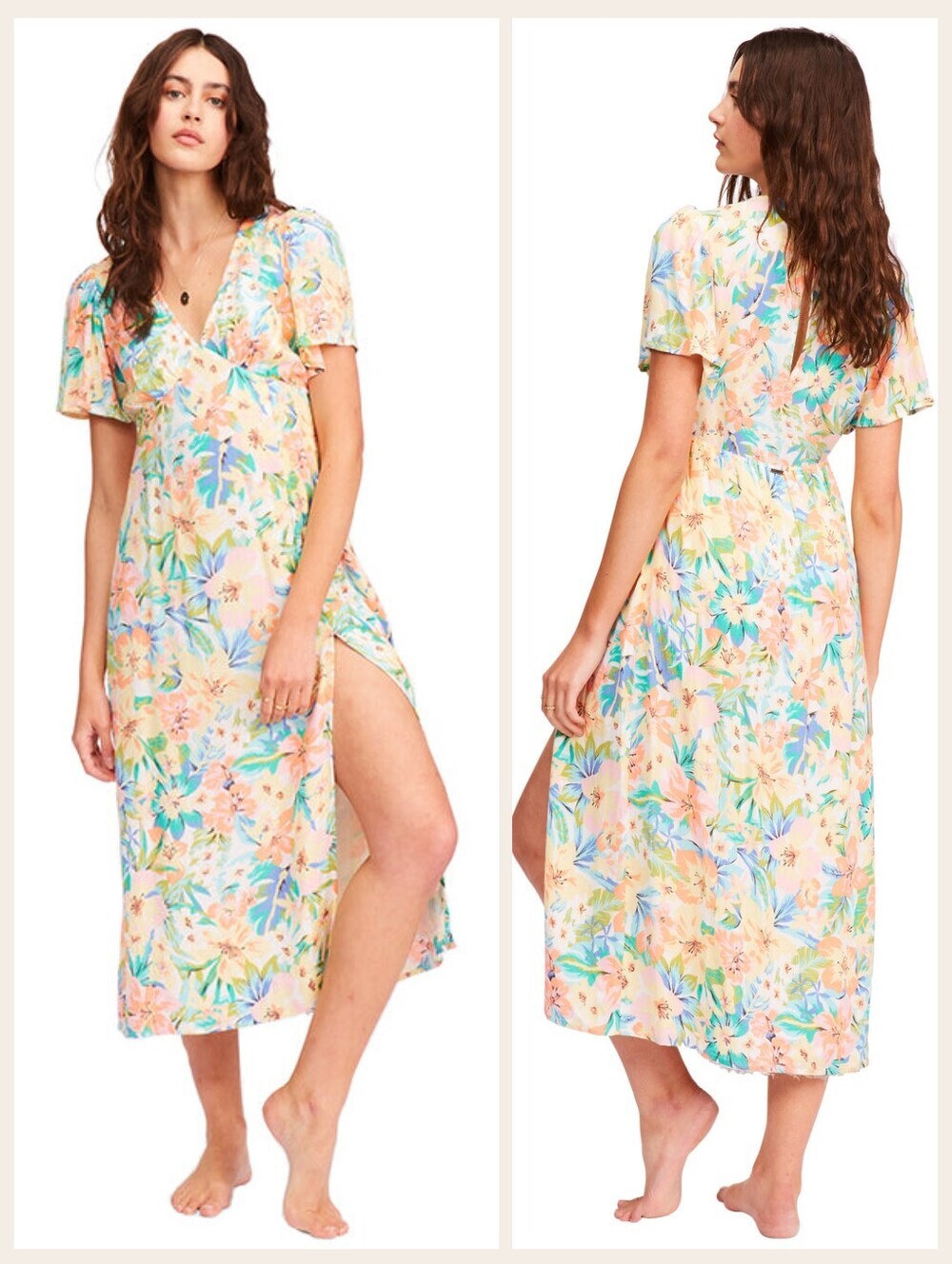 BILLABONG Jet Set Bright Floral Romantic V-Neck Beachy Midi Dress, Vacation, M